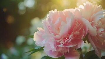 ai generiert zart Rosa Pfingstrose im Sanft natürlich Licht gefangen mit 50mm Makro Linse foto