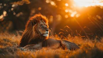 ai generiert majestätisch Löwe ruht auf Savanne aalen im warm golden Licht foto