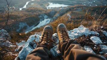 ai generiert Wanderer Perspektive Stiefel auf Berg Weg mit Blick auf atemberaubend Senke foto
