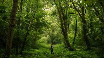 ai generiert Frau eingetaucht im üppig Wald umarmt durch hoch aufragend Bäume gefangen im breit 50mm Rahmen foto