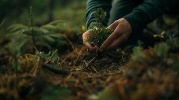 ai generiert Person Pflanzen klein Baum im üppig Wald Makro Linse erfasst sanft Handwerk Sanft Licht und natürlich Fokus foto