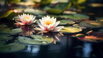 ai generiert Lotus Wasser Lilie, schwebend auf Wasser, reflektieren Schönheit generiert durch ai foto