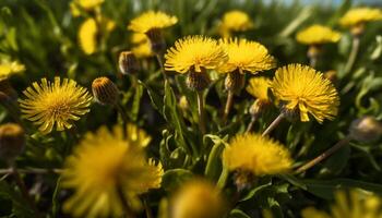 ai generiert Gelb Löwenzahn im Wiese, ein Symbol von Sommer- generiert durch ai foto