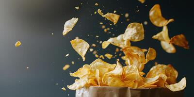 ai generiert Nahansicht von Chips fliegend aus von ein Pack foto