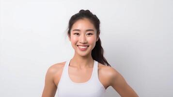 ai generiert schön jung asiatisch Frau präsentieren Stärke und Entschlossenheit im dynamisch trainieren Posen, Fitness Sitzung, isoliert gegen ein Studio Hintergrund foto