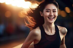 ai generiert glücklich und gesund asiatisch jung Frau Laufen und Joggen foto