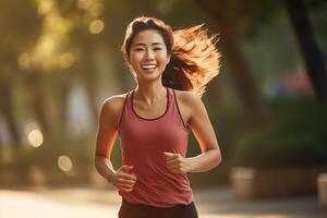 ai generiert glücklich und gesund asiatisch jung Frau Laufen und Joggen foto