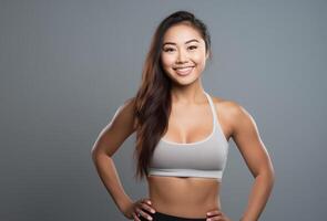 ai generiert schön jung asiatisch Frau präsentieren Stärke und Entschlossenheit im dynamisch trainieren Posen, Fitness Sitzung, isoliert gegen ein Studio Hintergrund foto