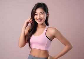 ai generiert schön jung asiatisch Frau präsentieren Stärke und Entschlossenheit im dynamisch trainieren Posen, Fitness Sitzung, isoliert gegen ein Studio Hintergrund foto