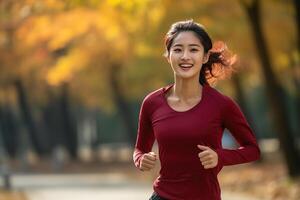 ai generiert glücklich und gesund asiatisch jung Frau Laufen und Joggen foto