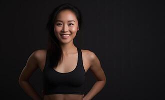 ai generiert schön jung asiatisch Frau präsentieren Stärke und Entschlossenheit im dynamisch trainieren Posen, Fitness Sitzung, isoliert gegen ein Studio Hintergrund foto