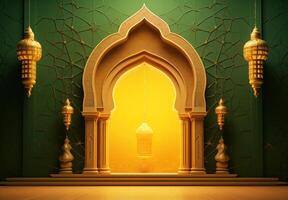 ai generiert luxuriös Ramadan Feier mit ein islamisch die Architektur Hintergrund im ein Licht schwarz und Bronze- Stil. mit luxuriös Mauer Wandbehänge, Licht Beige und Gelb Akzente, foto
