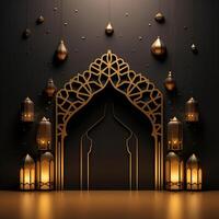 ai generiert luxuriös Ramadan Feier mit ein islamisch die Architektur Hintergrund im ein Licht schwarz und Bronze- Stil. mit luxuriös Mauer Wandbehänge, Licht Beige und Gelb Akzente foto