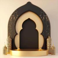 ai generiert luxuriös Ramadan Feier mit ein islamisch die Architektur Hintergrund im ein Licht schwarz und Bronze- Stil. mit luxuriös Mauer Wandbehänge, Licht Beige und Gelb Akzente, foto