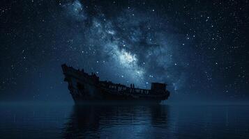 ai generiert Nachtzeit Schiff Segeln über das Meer unter das sternenklar Himmel foto