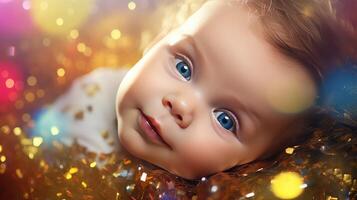 ai generiert süß Baby Mädchen Lügen auf golden Hintergrund mit Bokeh Beleuchtung foto
