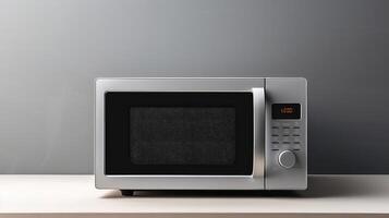 ai generiert Mikrowelle Ofen auf Tabelle isoliert auf ein grau Hintergrund foto