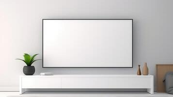 ai generiert Weiß Fernseher Bildschirm Attrappe, Lehrmodell, Simulation auf Weiß Mauer im modern Leben Zimmer foto
