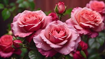 ai generiert schön Rosa Rosen mit Tropfen von Tau auf Blütenblätter. foto