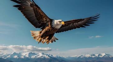 ai generiert kahl Adler im Flug gegen das Hintergrund von schneebedeckt Berge foto