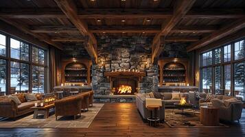 ai generiert gemütlich Ski Hütte Cafe mit warm Kamine hölzern Balken foto