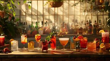 ai generiert modisch Bar Szene bunt Cocktails Glaswaren und Früchte im Sanft natürlich Licht foto