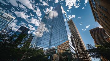 ai generiert Glas Wolkenkratzer spiegelt geschäftig Stadtbild im breit 24mm Schuss foto