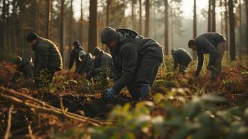 ai generiert Freiwillige Pflanze Setzlinge im Wald Clearing gebadet im Sanft natürlich Licht foto