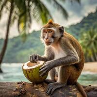 ai generiert Affe Essen ein Kokosnuss foto