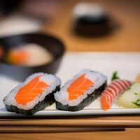 ai generiert ein Teller von Sushi und Gemüse mit ein Schüssel von Sushi auf es foto