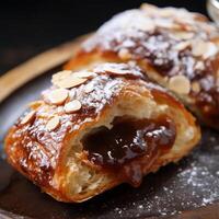 ai generiert Croissant mit Schokolade und Mandel auf hölzern Platte, selektiv Fokus foto