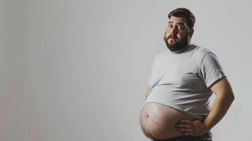ai generiert ein Übergewicht Mann Aufschlussreich seine runden Bauch auf Weiß foto