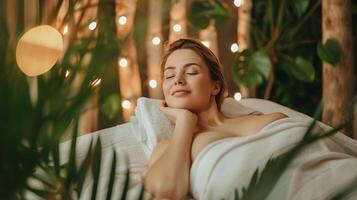 ai generiert Frau gefangen im ein heiter Moment während ein Spa Massage foto