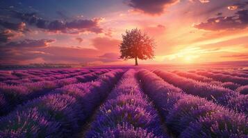 ai generiert Sommer- Sonnenuntergang Über atemberaubend Lavendel Feld Landschaft mit Baum foto