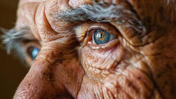 ai generiert Nahansicht von alt Senior des Mannes Augen und faltig Haut foto