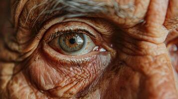 ai generiert Nahansicht Detail von alt des Mannes Augen mit faltig Haut foto