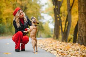 Frau mit Hund, der im Park geht foto