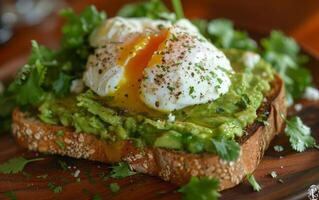 ai generiert Avocado Toast mit ein perfekt pochiert Ei Belag foto