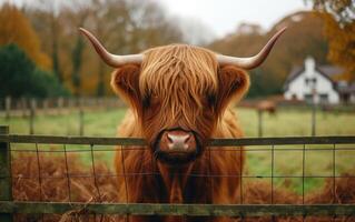 ai generiert ein imposant Hochland Rinder- mit glatt Haar beobachtet neugierig foto