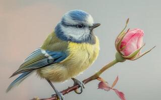 ai generiert Blau tit begeistert durch ein blühen Rose foto