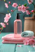 ai generiert Rose Wasser Flasche und Handtuch, selbst Pflege, dekorativ Pflege Kosmetika, selektiv Fokus foto
