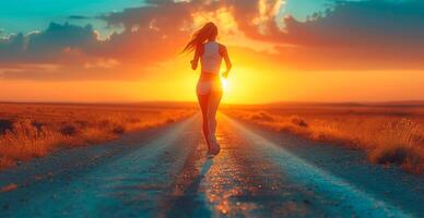 ai generiert Laufen Mädchen beim Sonnenuntergang, Sport Joggen, gesund Lebensstil - - ai generiert Bild foto