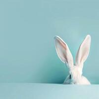 ai generiert Weiß Hase Ohr auf Pastell- Blau Hintergrund foto