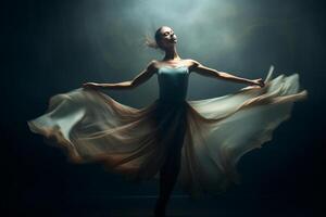 ai generiert anmutig Ballett Tänzer im Bewegung gefangen mit schnelle Geschwindigkeit Kamera und breit Öffnung Linse foto