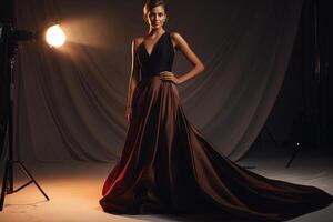 ai generiert elegant Abend Kleid im hoch Mode Fotoshooting mit glamourös Modell- auf glänzend Mode Film foto