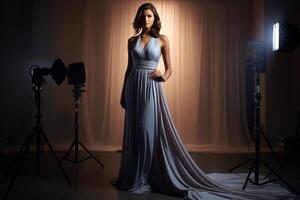 ai generiert elegant Abend Kleid im hoch Mode Fotoshooting mit glamourös Modell- auf glänzend Mode Film foto