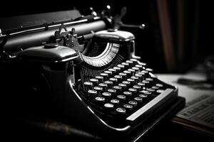 ai generiert Jahrgang Schreibmaschine im Schriftsteller Studie Nahansicht Erfassen Kreativität und Schreiben Wesen auf schwarz Weiß Film foto