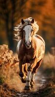 ai generiert energisch Pferd galoppierend frei über ein üppig Feld. fesselnd Pferde- Schönheit, ländlich Gelassenheit. foto