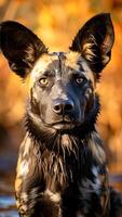 ai generiert afrikanisch wild Hund ruhen das expansiv Savanne. ungezähmt Wildnis, dynamisch Raubtier, natürlich Schönheit. foto