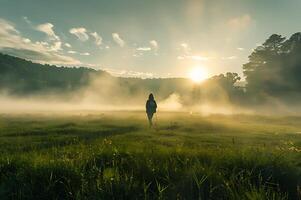 ai generiert ein Frau steht inmitten ein neblig Feld beim Sonnenaufgang, hervorrufen ein Sinn von Abenteuer und Ruhe im das golden Morgen Licht foto